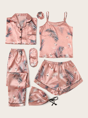 Conjunto de pijama de cetim com estampa tropical - Elfmaeve