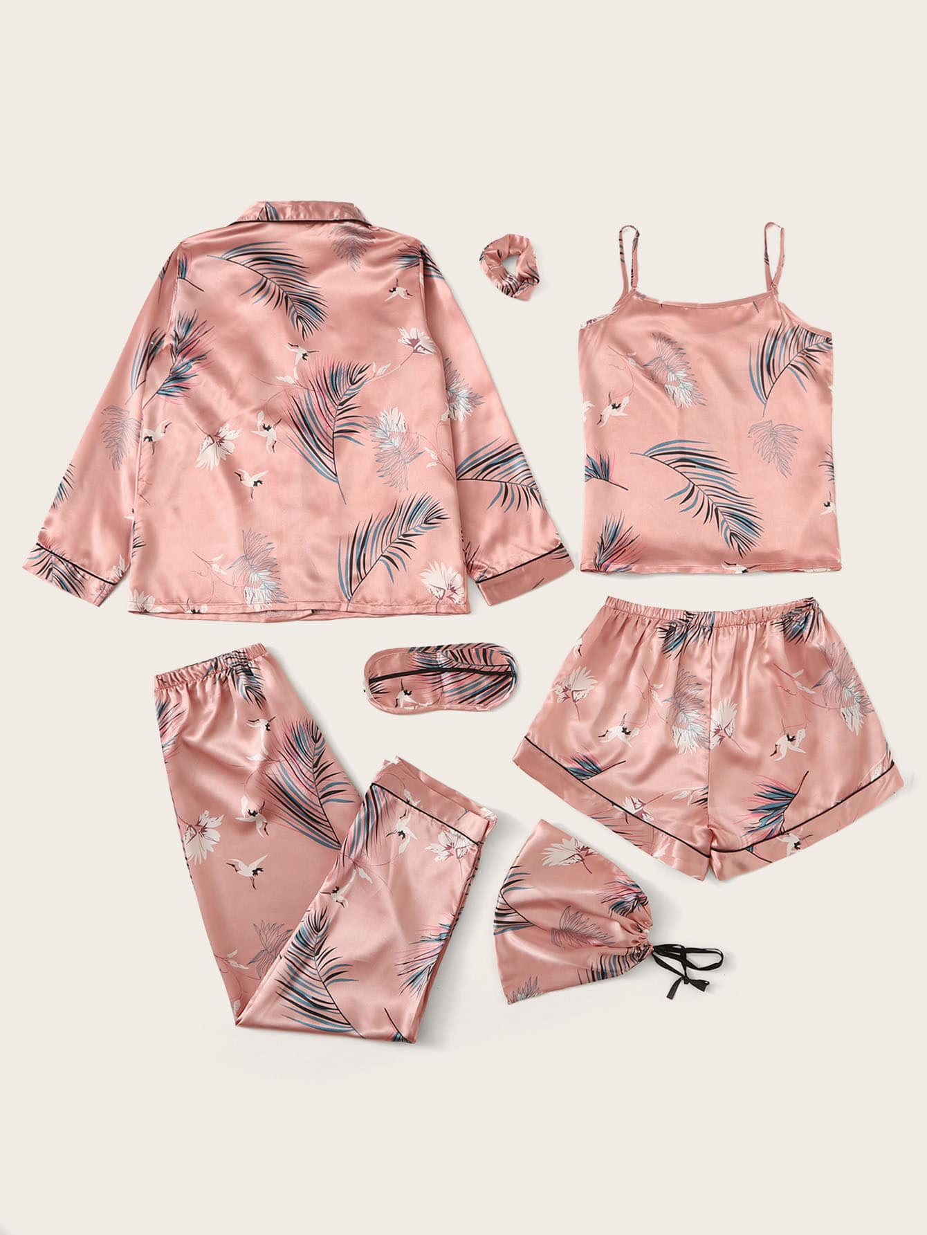 Conjunto de pijama de cetim com estampa tropical - Elfmaeve