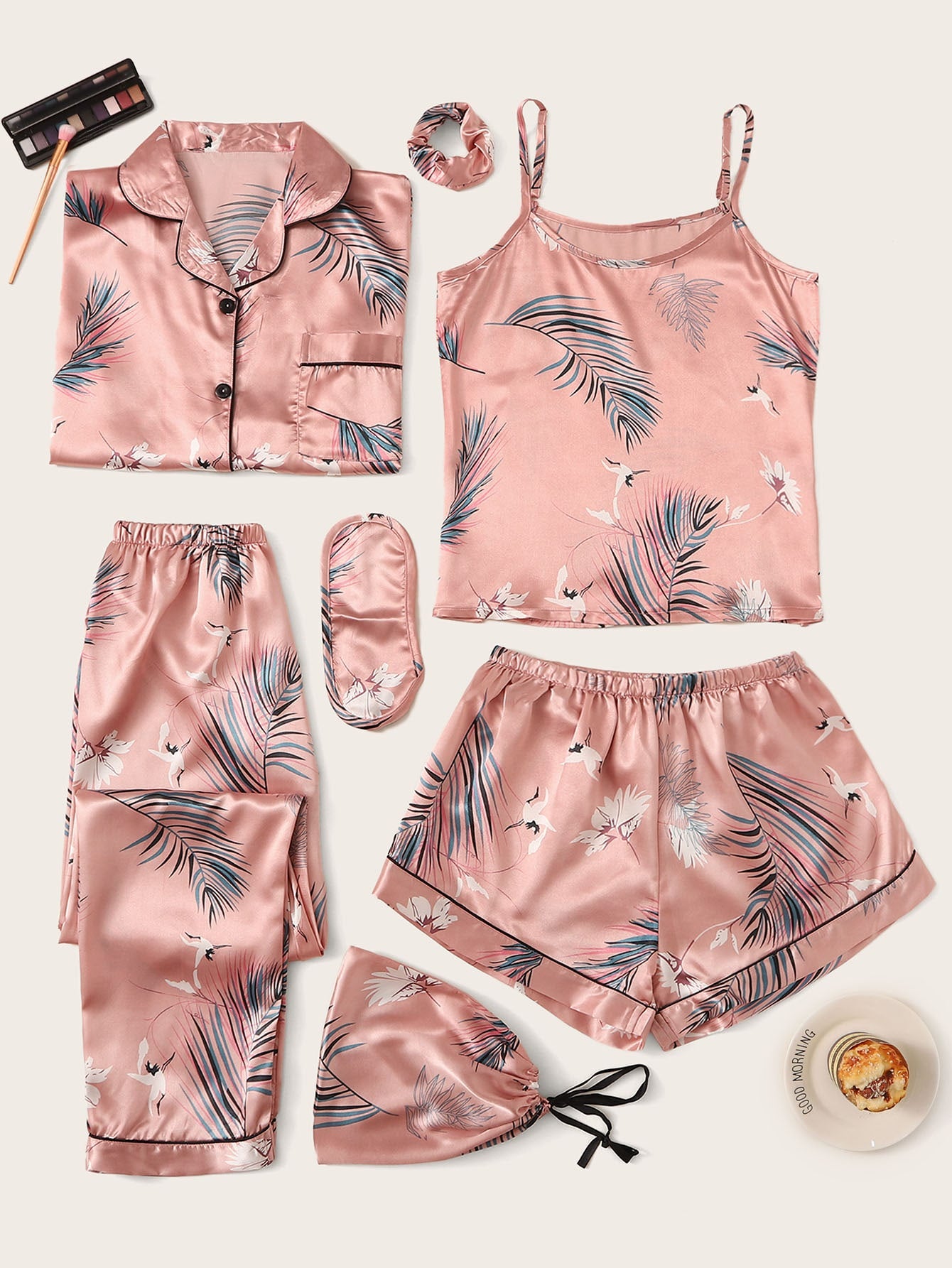 Conjunto de pijama de cetim com estampa tropical - Elfmaeve