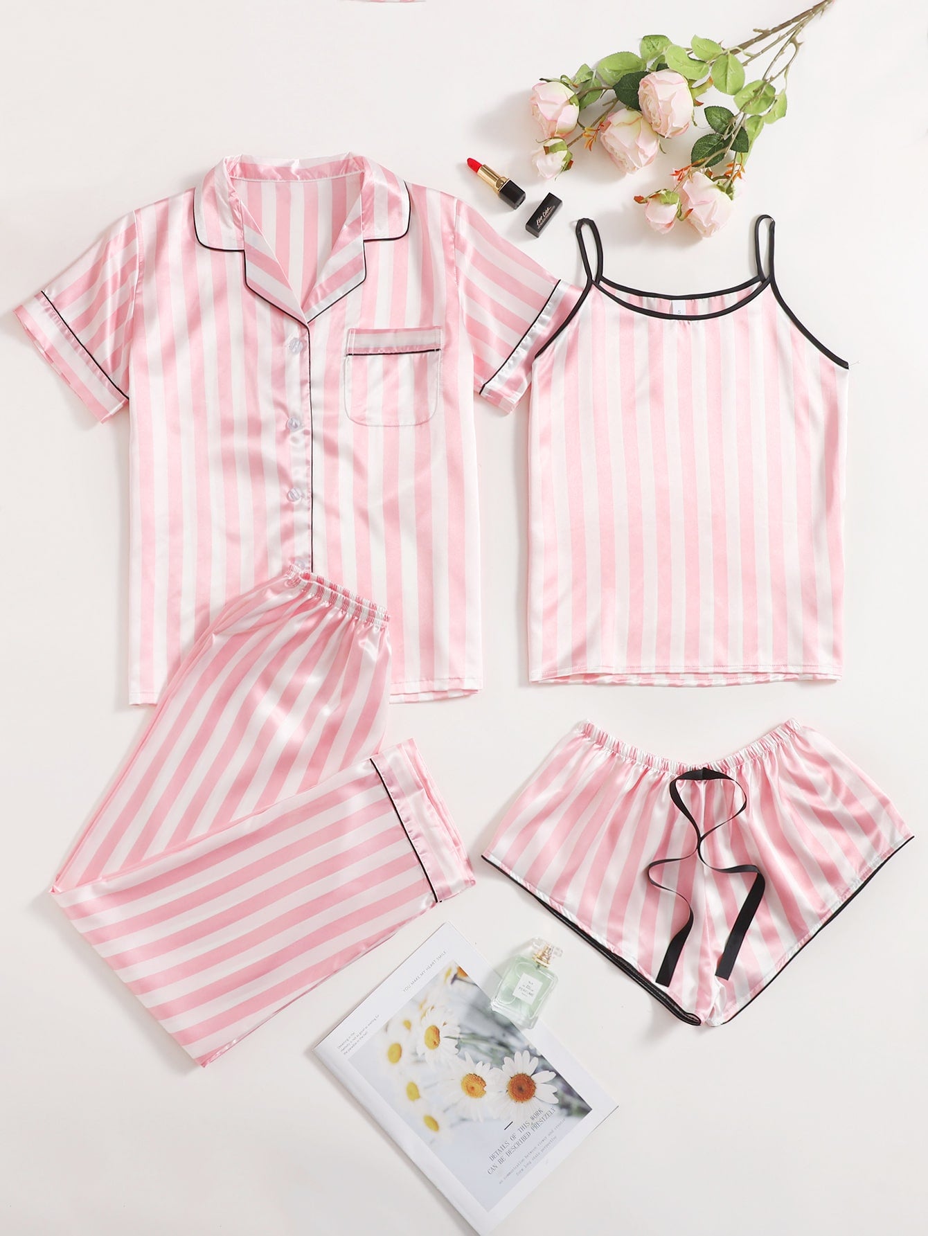 Conjunto de pijama de cetim listrado - 4 pcs - Elfmaeve