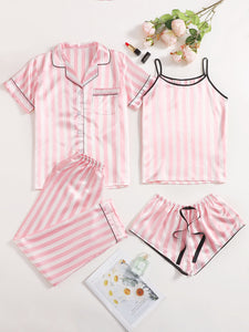 Conjunto de pijama de cetim listrado - 4 pcs - Elfmaeve