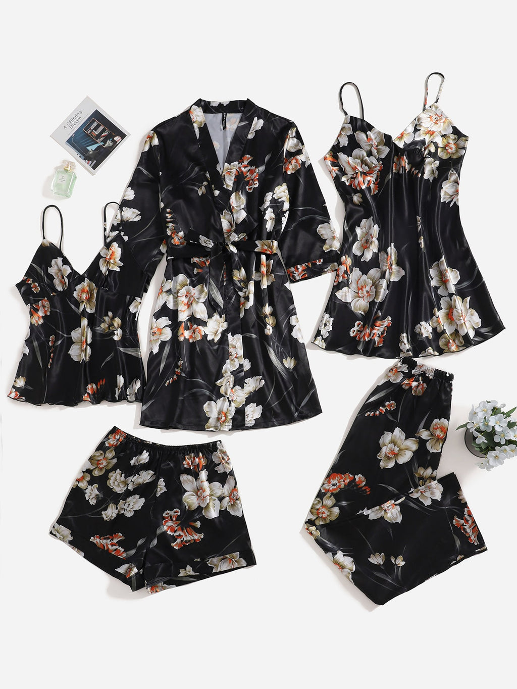 Conjunto de pijama de cetim floral - 5 peças - Elfmaeve