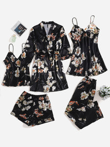 Conjunto de pijama de cetim floral - 5 peças - Elfmaeve