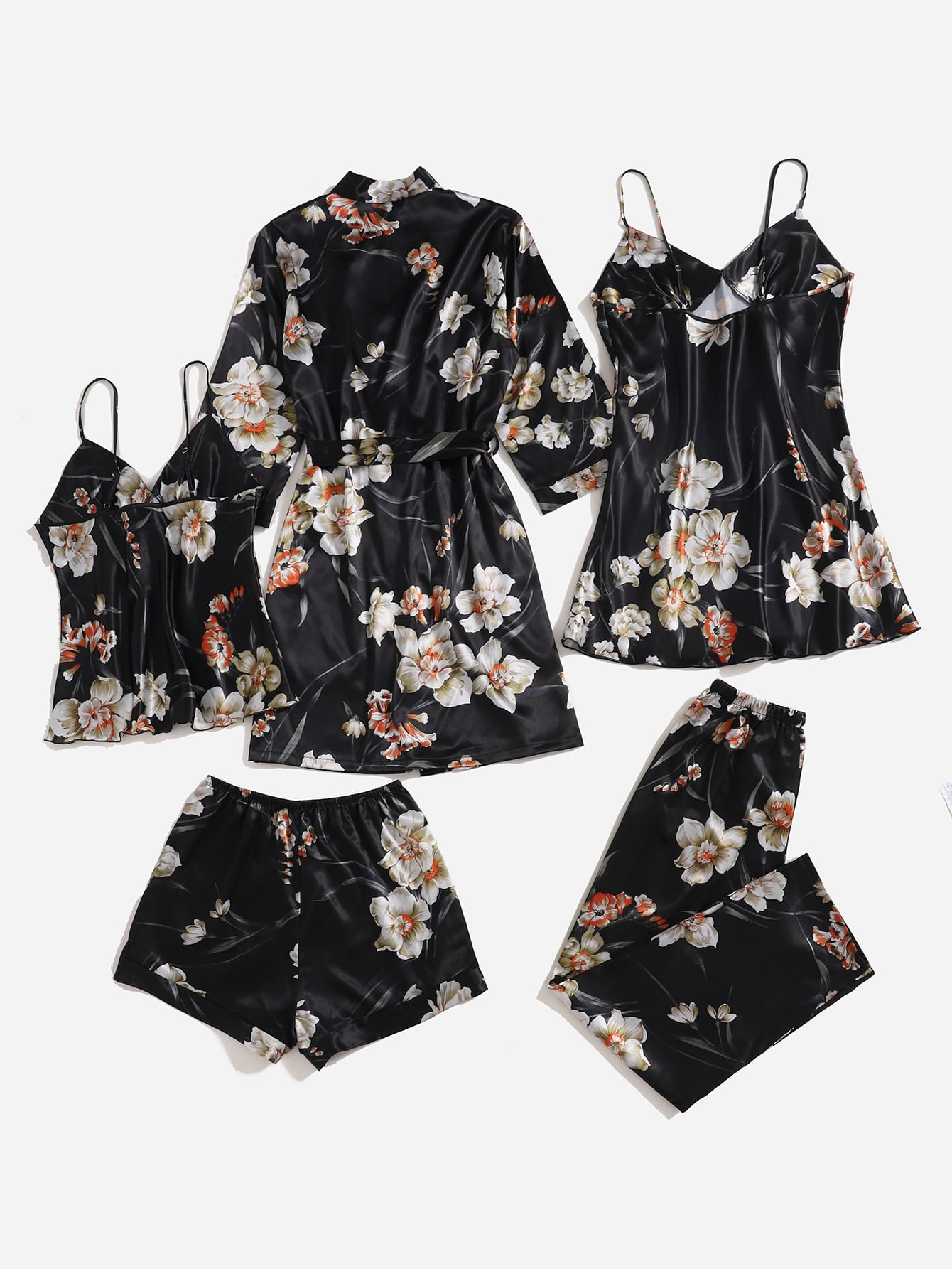 Conjunto de pijama de cetim floral - 5 peças - Elfmaeve
