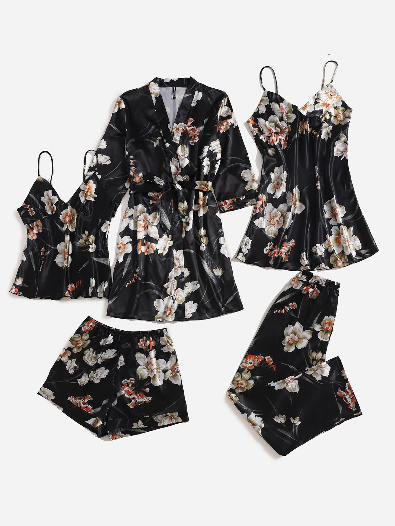 Conjunto de pijama de cetim floral - 5 peças - Elfmaeve