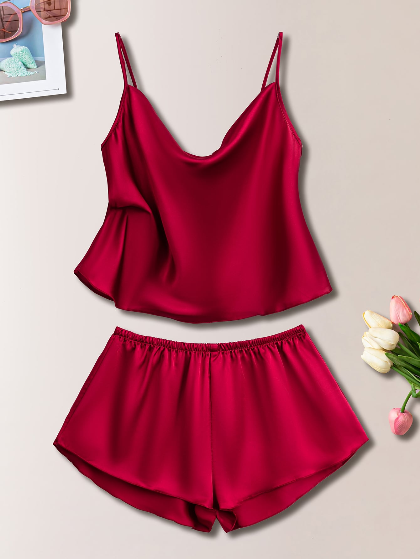 Conjunto de pijama de cetim rubi - Elfmaeve
