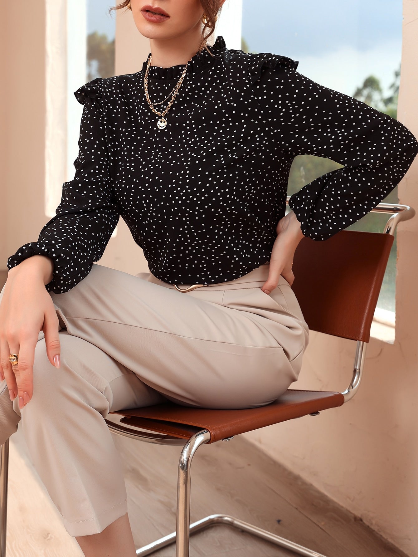 Blusa feminina elegante manga longa estampada - Elfmaeve