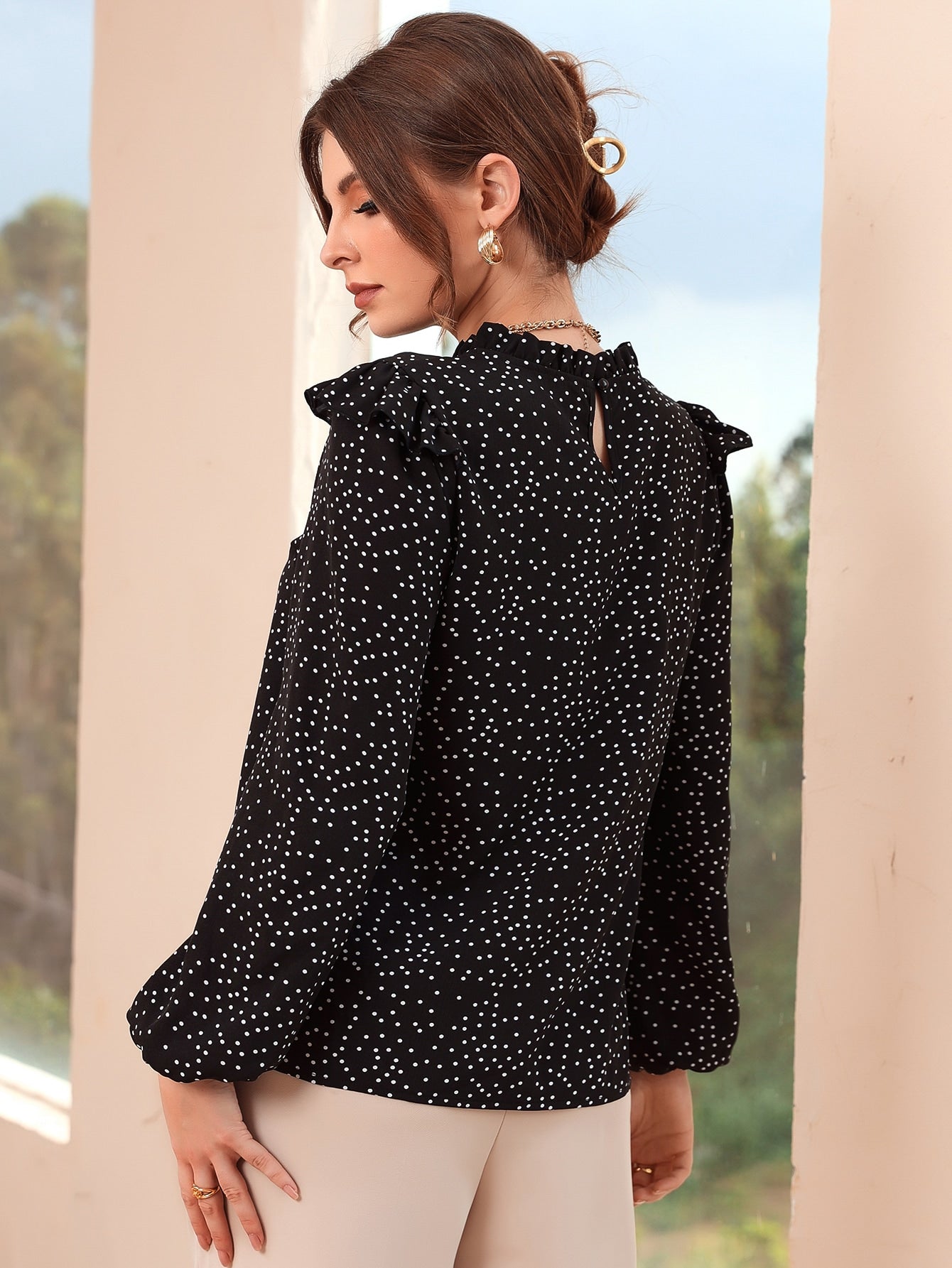 Blusa feminina elegante manga longa estampada - Elfmaeve