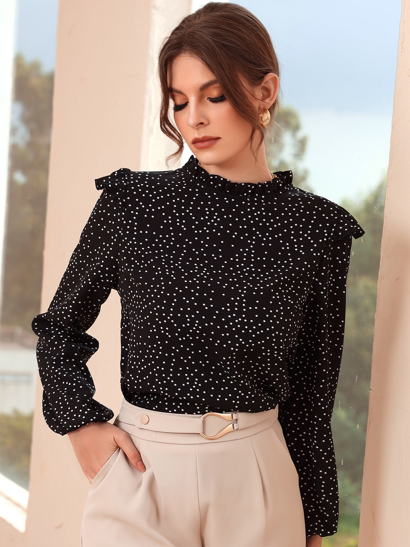 Blusa feminina elegante manga longa estampada - Elfmaeve