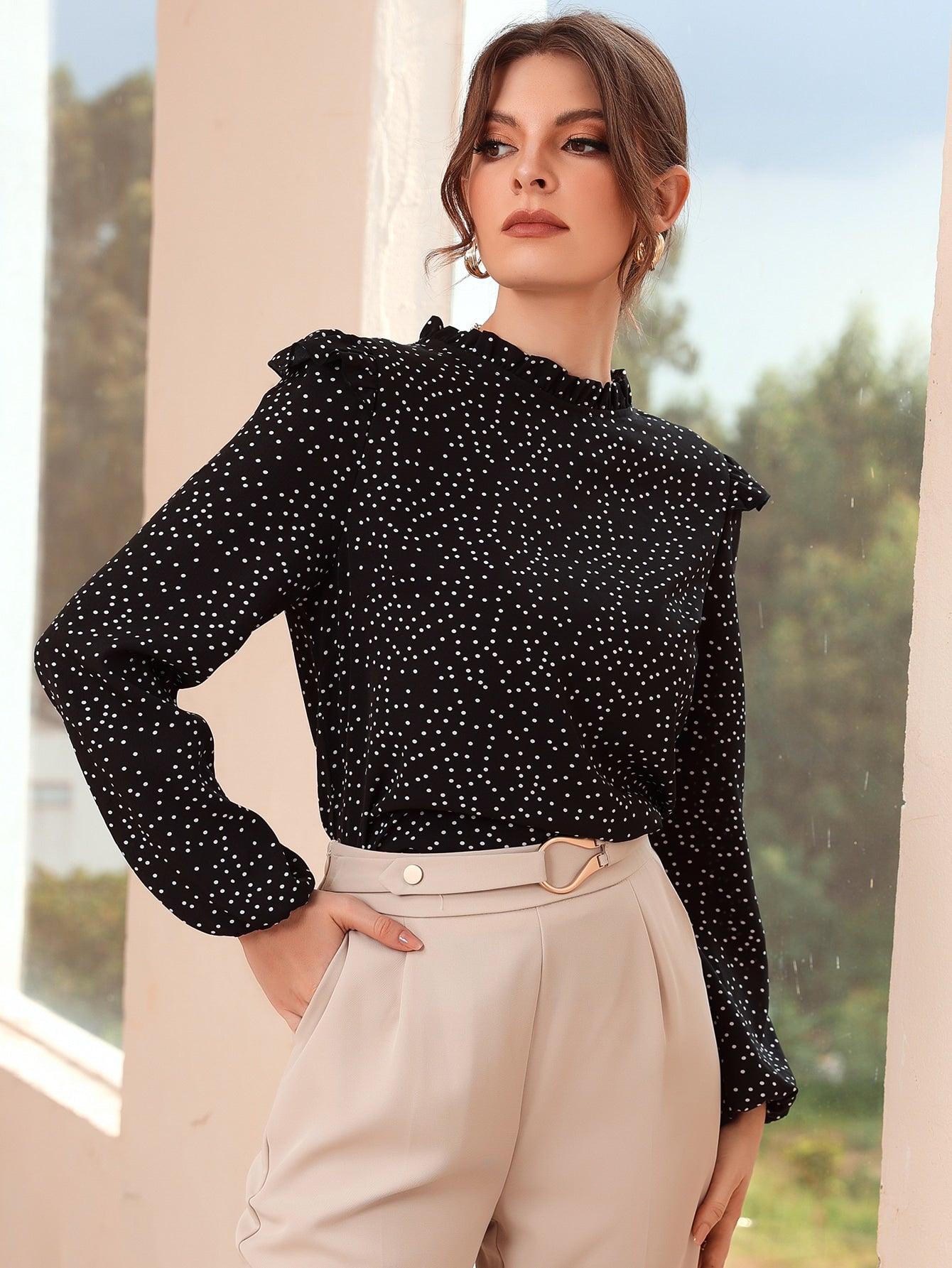 Blusa feminina elegante manga longa estampada - Elfmaeve