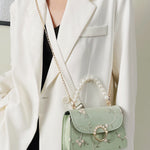 Bolsa feminina de corrente com pérolas e bordado floral - Elfmaeve