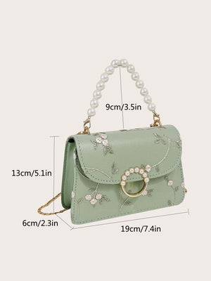 Bolsa feminina de corrente com pérolas e bordado floral - Elfmaeve