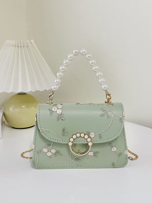 Bolsa feminina de corrente com pérolas e bordado floral - Elfmaeve