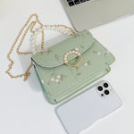 Bolsa feminina de corrente com pérolas e bordado floral - Elfmaeve