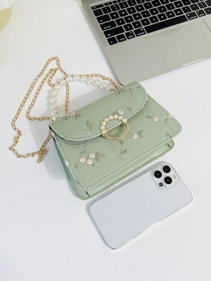 Bolsa feminina de corrente com pérolas e bordado floral - Elfmaeve