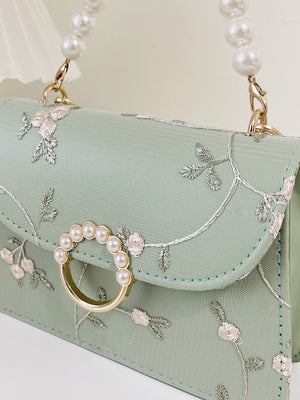 Bolsa feminina de corrente com pérolas e bordado floral - Elfmaeve