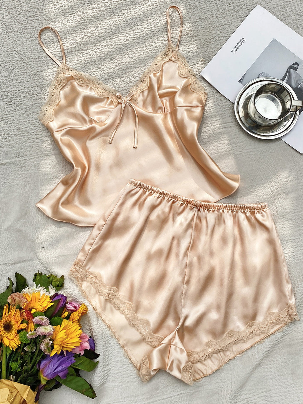 Conjunto de pijama de cetim champagne - Elfmaeve