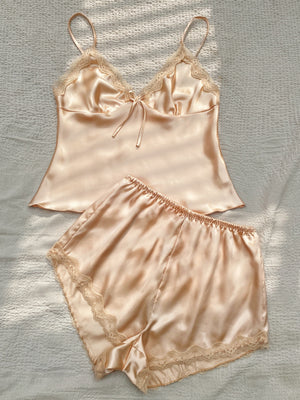 Conjunto de pijama de cetim champagne - Elfmaeve