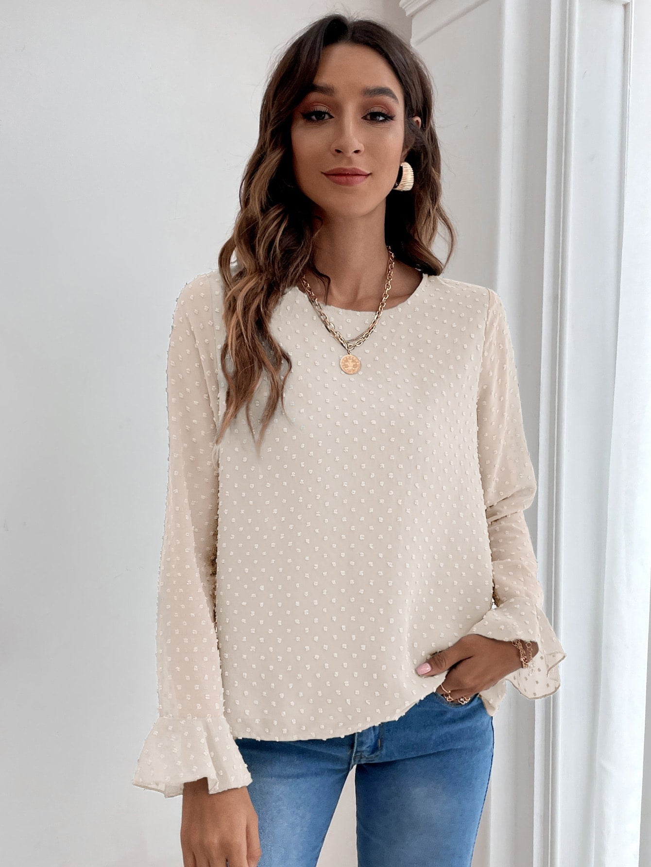Blusa com ponto suíço e manga de flounce - Elfmaeve