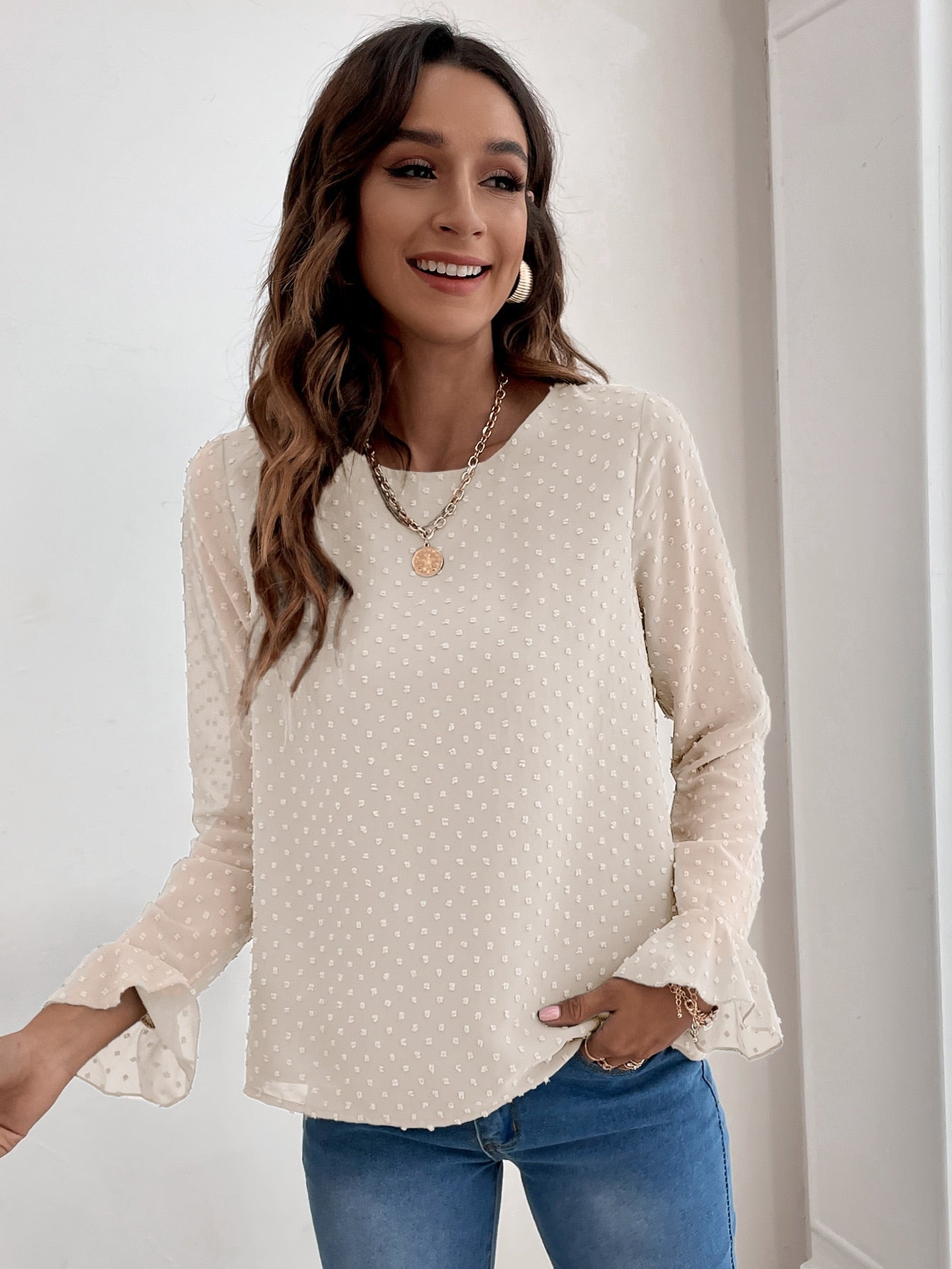 Blusa com ponto suíço e manga de flounce - Elfmaeve