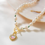 Colar de pérolas com pingente de coração de strass - Elfmaeve
