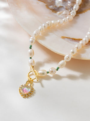 Colar de pérolas com pingente de coração de strass - Elfmaeve