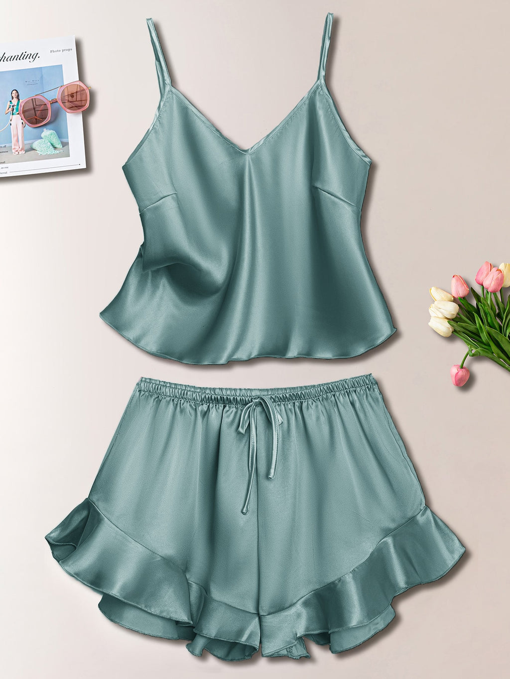 Conjunto de pijama  de cetim com babado - Elfmaeve